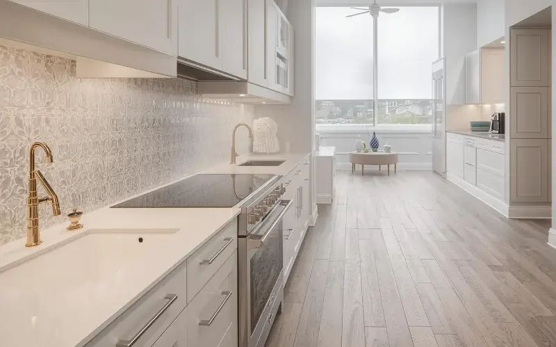 Modern kitchen with newly installed tile flooring and stylish backsplash design