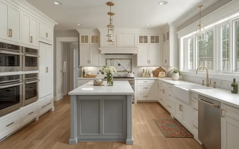 Modern luxury kitchen in Seattle with island, smart appliances, and farmhouse sink